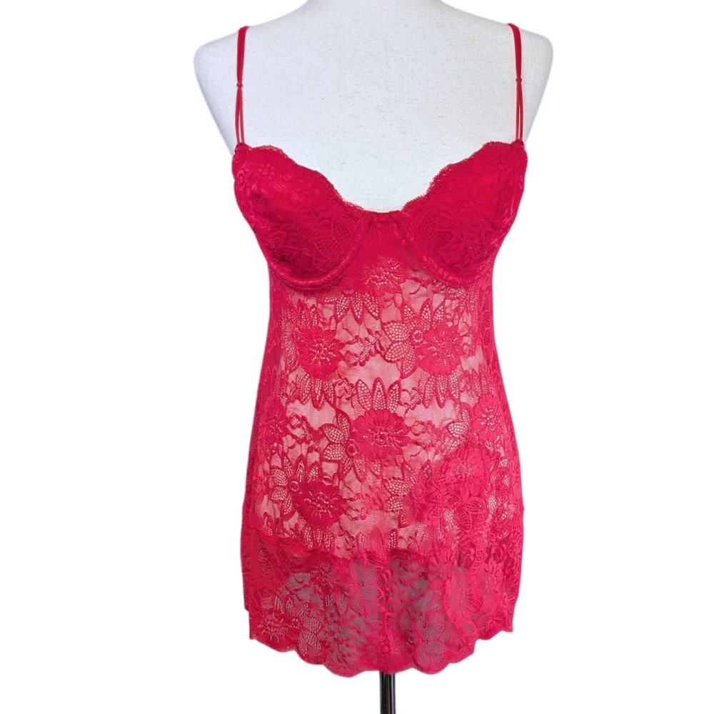 Vintage Y2K Victoria's Secret Silk Lace Slip Lightly Padded Sleeveless Red 36C